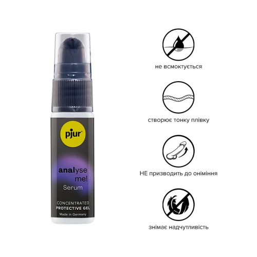 На фото зображено чорно-фіолетовий анальний гель, що розслаблює, Pjur analyse me! Serum 20мл унісекс на білому тлі.