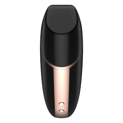 На фото изображен черный вакуумный смарт-стимулятор с золотыми вставками Satisfyer Love Triangle Black для женщин на белом фоне.