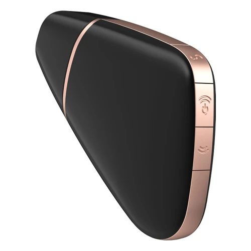 На фото изображен черный вакуумный смарт-стимулятор с золотыми вставками Satisfyer Love Triangle Black для женщин на белом фоне.