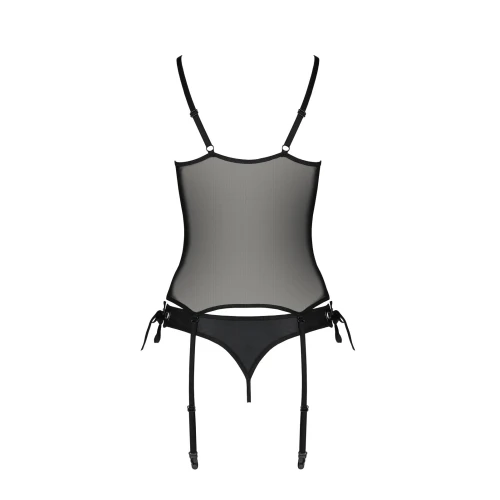 Passion NESSY CORSET black S/M - Чорний напівпрозорий корсет