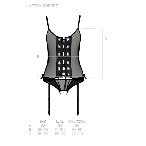Passion NESSY CORSET black S/M - Чорний напівпрозорий корсет