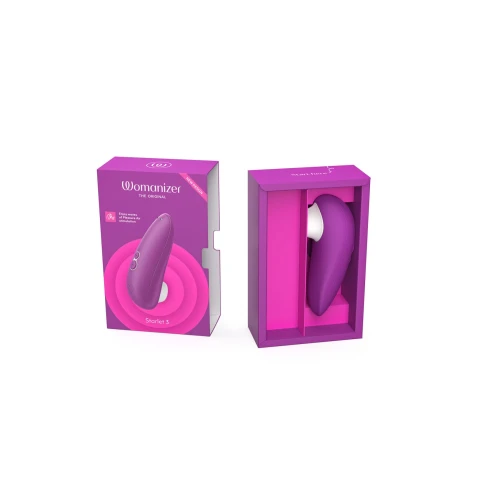 На фото зображено фіолетовий безконтактний вібратор Womanizer Starlet 3 VIOLET в коробці для жінок на білому тлі.