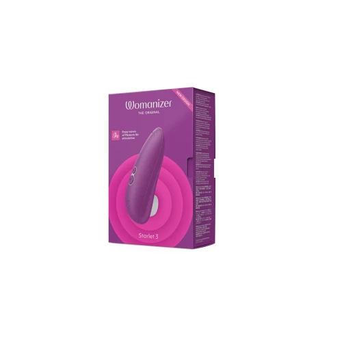 На фото зображено фіолетовий безконтактний вібратор Womanizer Starlet 3 VIOLET в коробці для жінок на білому тлі.