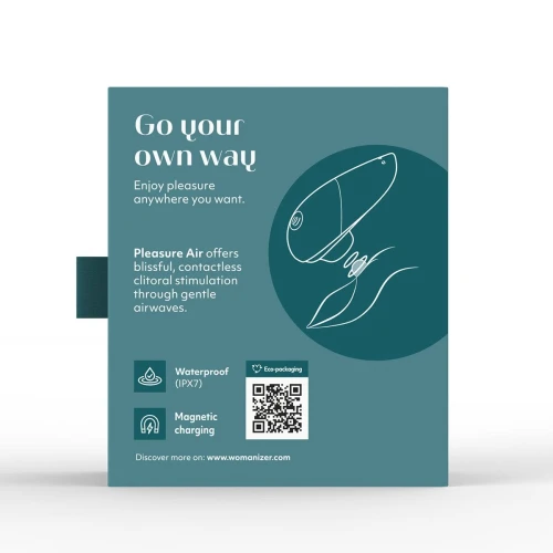 На фото изображен зеленый вакуумный стимулятор Womanizer Liberty 2 Dark Petrol для женщин на белом фоне.