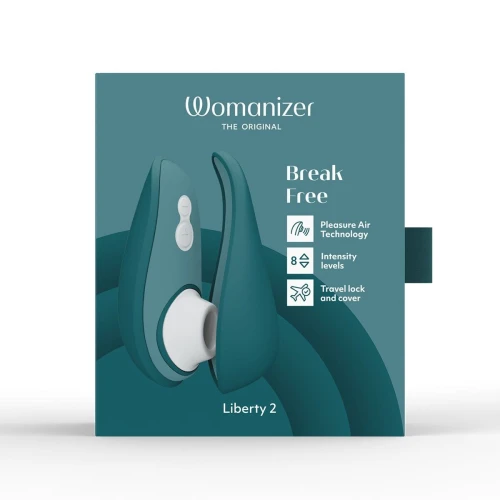 На фото изображен зеленый вакуумный стимулятор Womanizer Liberty 2 Dark Petrol для женщин на белом фоне.