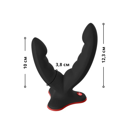 На фото изображен черный силиконовый двойной фаллоимитатор Fun Factory RYDE унисекс на белом фоне.