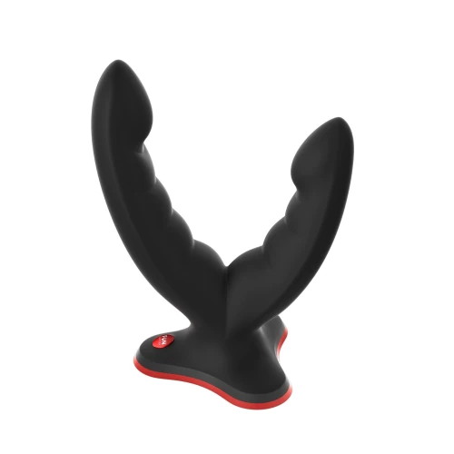 На фото изображен черный силиконовый двойной фаллоимитатор Fun Factory RYDE унисекс на белом фоне.