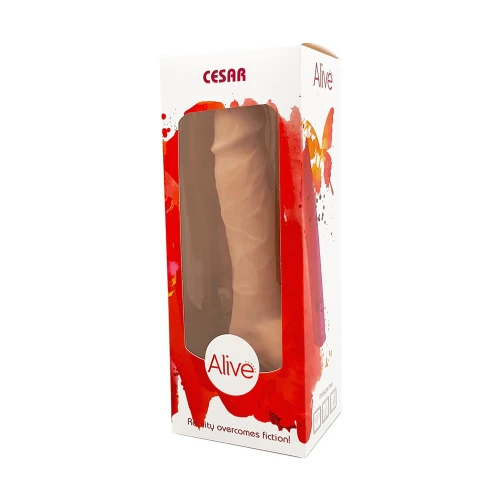 На фото зображено силіконовий реалістичний тілесний фалоімітатор з покриттям FutureSkin Alive Cesar Mega Realistic для жінок на білому тлі.