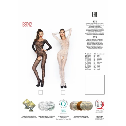 Бодистокинг Passion BS042 white, комбинезон, длинный рукав, закрытое плечо