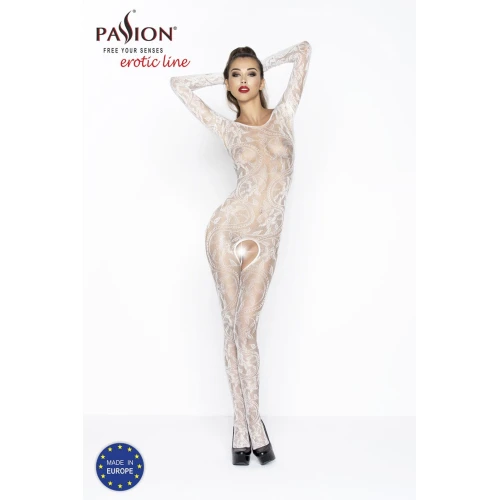 Бодистокинг Passion BS042 white, комбинезон, длинный рукав, закрытое плечо