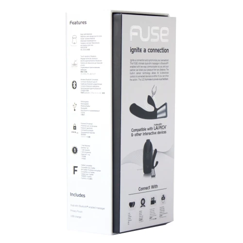 На фото зображено коробку чорного вібратора кролика із сенсорним керуванням та можливістю інтерактивного сексу Ohmibod Fuse for Kiiroo Black для жінок на білому тлі.