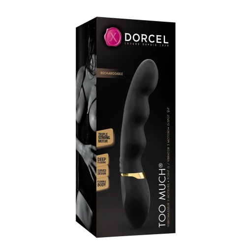 На фото изображен черный Dorcel Too Much Rechargeable Black - Вибратор с тремя мощнейшими моторами и ультрастимуляцией для женщин на светлом фоне 