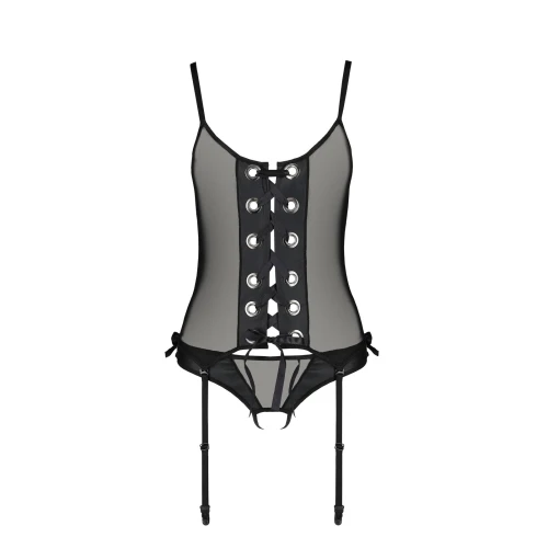 Passion NESSY CORSET black XXL/XXXL - Чорний напівпрозорий корсет
