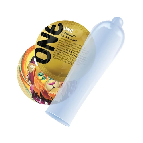 На фото изображен золотистый презерватив ONE Legend Extra Large для мужчин на белом фоне.