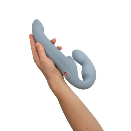 На фото зображено сірий безрем'яний страпон з вібрацією Fun Factory SHARE VIBE PRO для пар на білому тлі