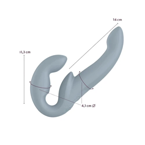 На фото зображено сірий безрем'яний страпон з вібрацією Fun Factory SHARE VIBE PRO для пар на білому тлі