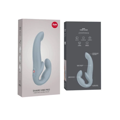 На фото зображено сірий безрем'яний страпон з вібрацією Fun Factory SHARE VIBE PRO для пар на білому тлі