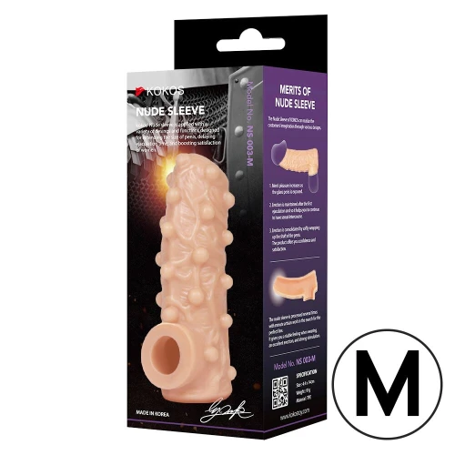 На фото изображена бежевая сквозная насадка на член Kokos Nude Sleeve NS 001 М для пар на белом фоне.