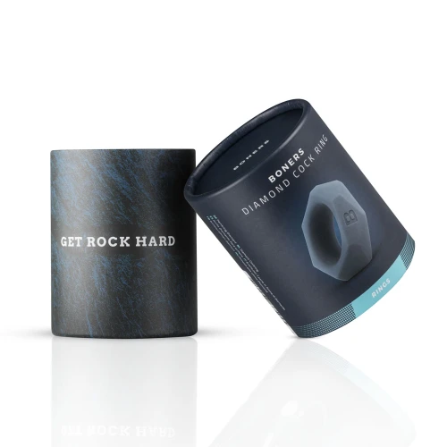 На фото изображено серое эрекционное кольцо Boners Double Cock Ring в банке на белом фоне