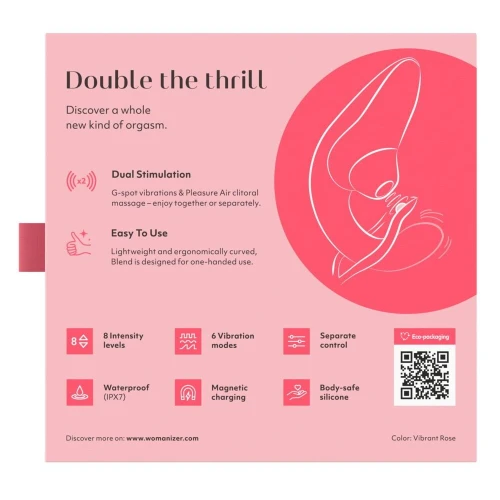 На фото изображен светло-красный вакуумный стимулятор Womanizer Blend Vibrant Rose для женщин на белом фоне.