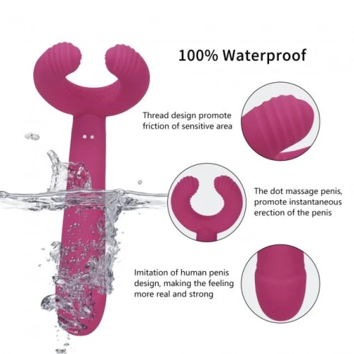 На фото изображен малиновый трехмоторный вибратор Love To Love PLEASE ME  для пар на белом фоне.
