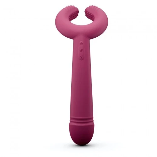 На фото изображен малиновый трехмоторный вибратор Love To Love PLEASE ME  для пар на белом фоне.