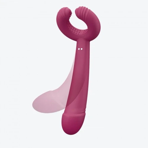 На фото изображен малиновый трехмоторный вибратор Love To Love PLEASE ME  для пар на белом фоне.