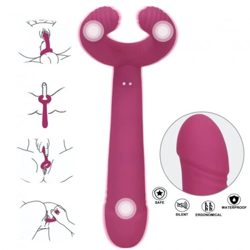 На фото изображен малиновый трехмоторный вибратор Love To Love PLEASE ME  для пар на белом фоне.