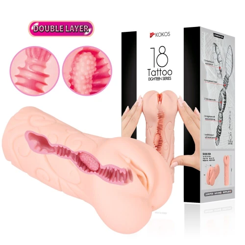 На фото зображено двошаровий мастурбатор-вагіна Kokos Tattoo Double для чоловіків на білому тлі.