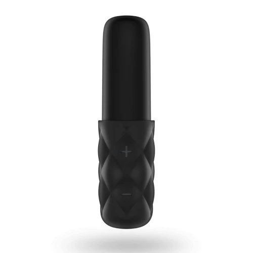 На фото зображено чорну вібратор-помаду Satisfyer Mini Sparkling Darling для жінок на білому тлі.