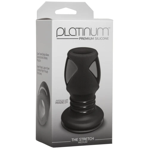 На фото зображено чорний анальний тунель Doc Johnson Platinum Premium Silicone - The Stretch - Medium - Black унісекс на світлому фоні