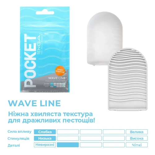 На этом фото изображен голубой мастурбатор TENGA Pocket Wave Line для мужчин на светлом фоне
