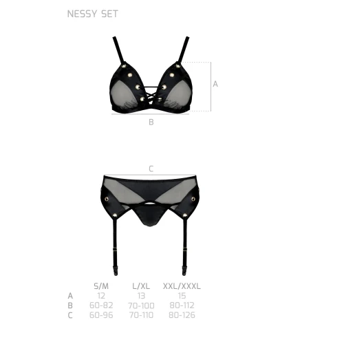 Passion NESSY SET black S/M - Чорний sexy комплект спідньої білизни