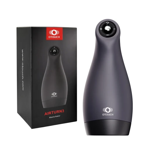 На фото зображено чорний мастурбатор з вібрацією та всмоктуванням Otouch AIRTURN 3 для чоловіків на білому тлі.