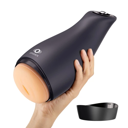 На фото зображено чорний мастурбатор з вібрацією та всмоктуванням Otouch AIRTURN 3 для чоловіків на білому тлі.