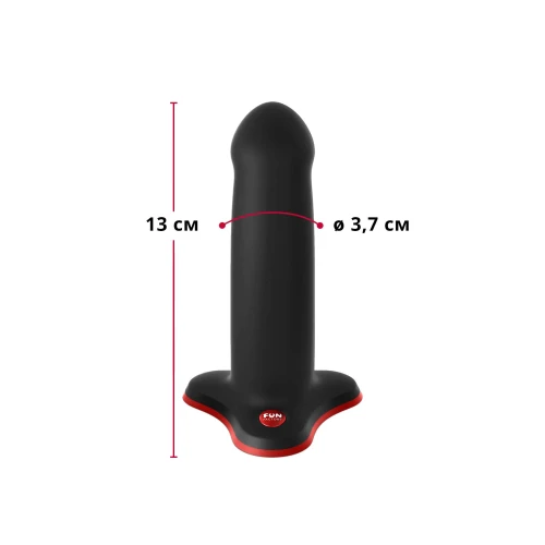 На фото изображен черный гибкий бархатный фаллоимитатор Fun Factory AMOR унисекс на белом фоне.