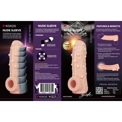 На фото изображена бежевая сквозная насадка на член Kokos Nude Sleeve NS 002 М для пар на черном фоне.