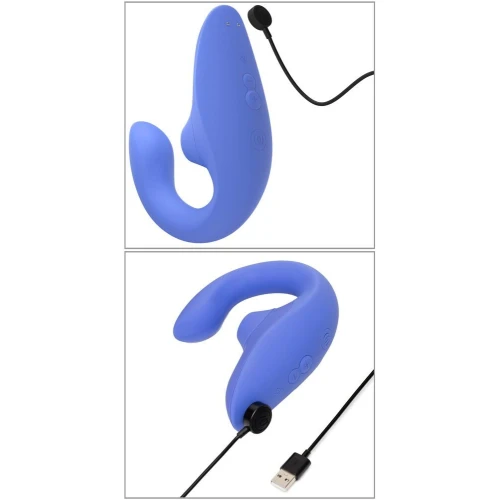 На фото изображен синий вакуумный стимулятор Womanizer Blend Vibrant Blue для женщин на белом фоне.