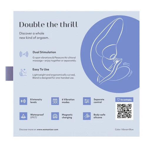 На фото изображен синий вакуумный стимулятор Womanizer Blend Vibrant Blue для женщин на белом фоне.