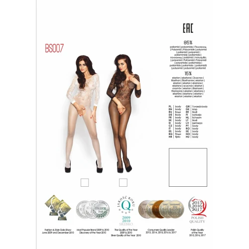 Бодистокинг Passion BS007 white, комбинезон, закрытые плечи, рукав 3/4