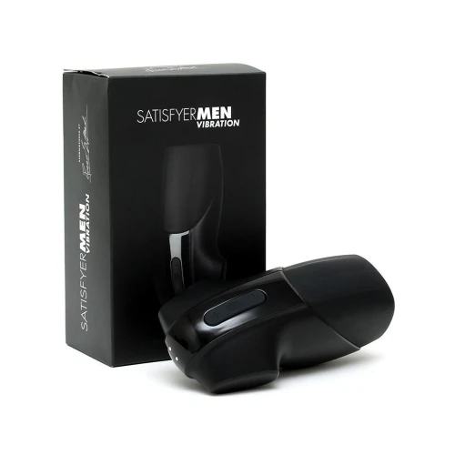 На фото изображен черный мастурбатор с вибрацией Satisfyer Men Vibration для мужчин на светлом фоне