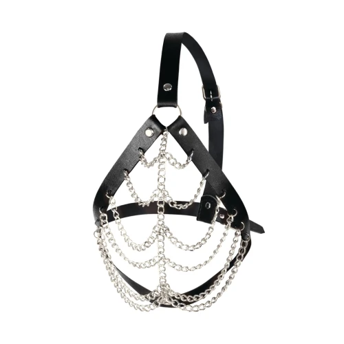 На фото зображено чорну маску з ланцюжками з натуральної шкіри Art of Sex - Devon унісекс на білому тлі