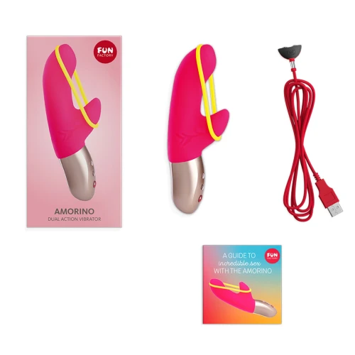 На фото яскравий кораловий вібратор Fun Factory AMORINO Pink/Neon Yellow — вібратор-кролик зі стимулюючою стрічкою, разом із коробкою та зарядним пристроєм