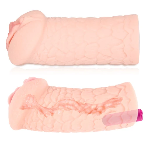 На фото зображено бежевий мастурбатор-вагіна Kokos Elegance 003 Vibe для чоловіків на світлому фоні.