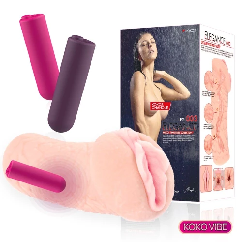 На фото зображено рожевий мастурбатор-вагіна Kokos Elegance 003 Vibe для чоловіків на світлому фоні.