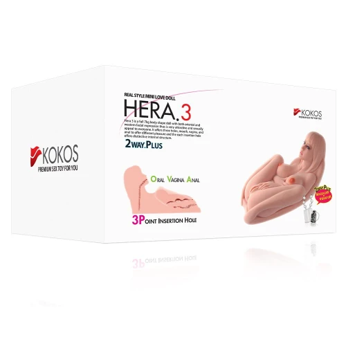 На фото изображен бежевый мастурбатор женская кукла с массажем Kokos Hera 3 2WayPlus для мужчин на белом фоне