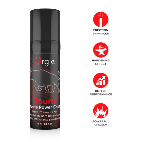 На фото изображен черный Крем для усиления эрекции Orgie Touro Power Cream, 15 мл, с таурином, гинкго и корнем женьшеня для мужчин на белом фоне