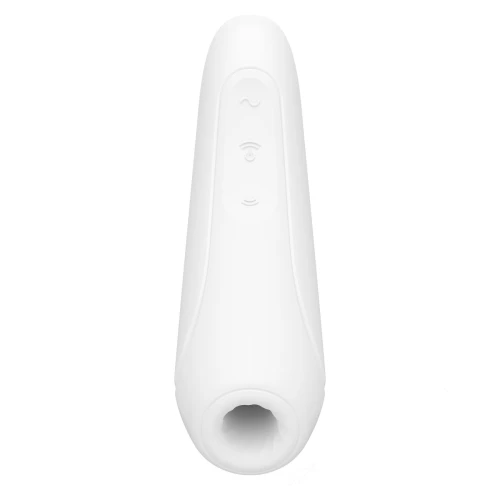 На фото изображен белый вакуумный стимулятор Satisfyer Curvy 1+ White для женщин на белом фоне.