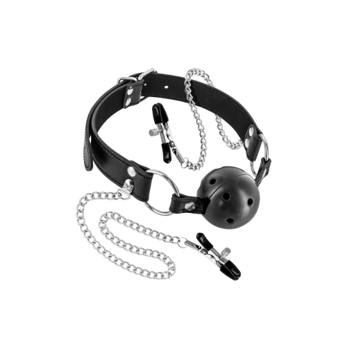 Fetish Tentation Rigid Gag Ball with Nipple Clamps — Кляп с воздухопроводимостью и зажимами для сосков