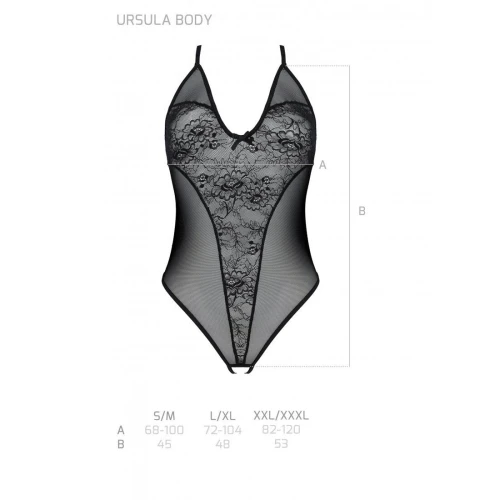 Passion Ursula Body black XXL/XXXL - Боді з ажурним декором та відкритим кроком